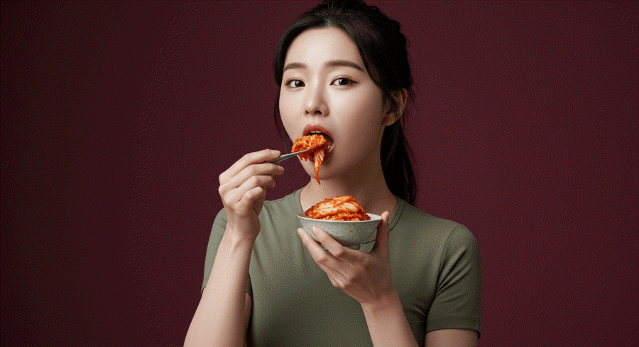 내장지방을 줄이는데 효과적인 김치를 먹는 다이어터 모습