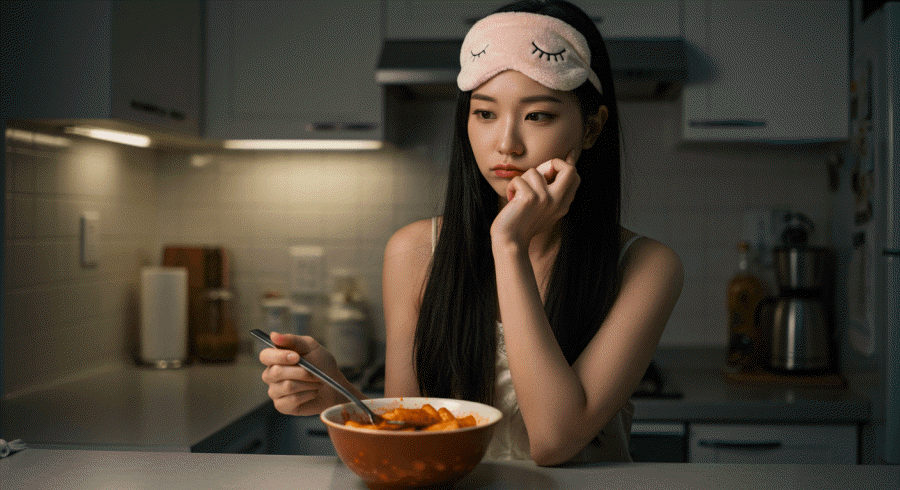다이어트 중 야식을 먹어야하나 말아야 하나 고민하는 모습