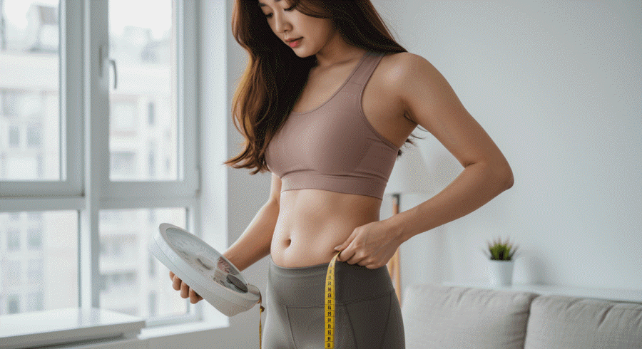 체지방과 체중의 차이 체중계와 뱃살을 잡고 있는 사진