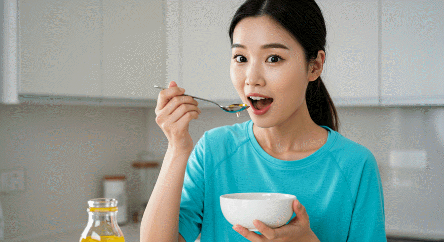 들기름이 리놀렌산이 풍부해서 체지방 감량에 좋다는 얘기를 듣고 한 스푼 먹고 있는 다이어터의 모습