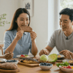 심혈관 건강에 좋은 노르딕 다이어트를 하기 위해 가족들과 제철 음식 위주로 함께 먹고 있는 한국 여자 다이어터