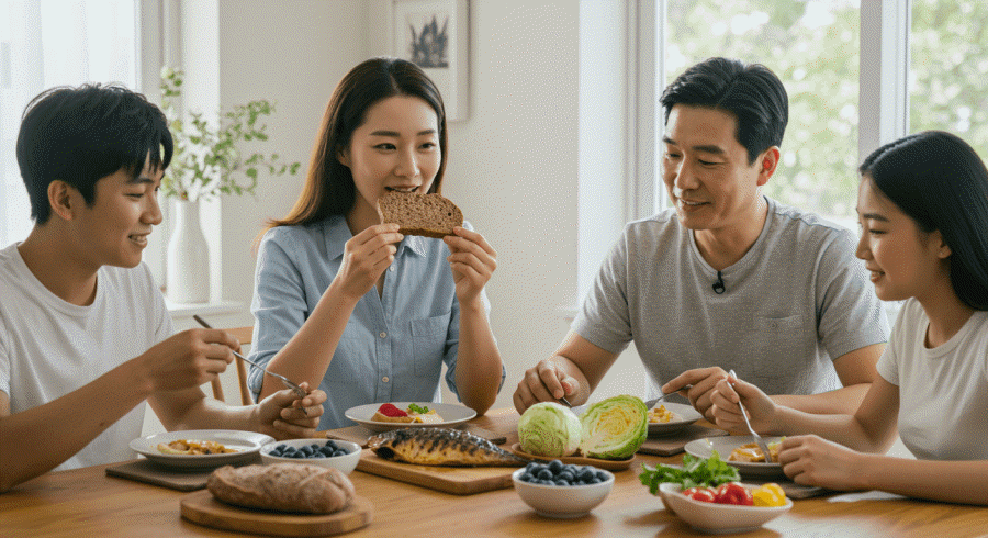 심혈관 건강에 좋은 노르딕 다이어트를 하기 위해 가족들과 제철 음식 위주로 함께 먹고 있는 한국 여자 다이어터
