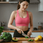 알칼리성 다이어트를 알고 식단으로 시금치, 레몬, 아보카도, 오이, 브로콜리를 먹고 있는 한국 여자 다이어터