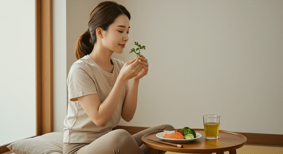 향기 다이어트를 통해서 식욕을 줄이는 다이어터의 모습