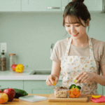 홀푸드 저지방 다이어트를 하기 위해 과일, 채소, 통곡물 위주의 식단을 준비하는 한국 여자 다이어터
