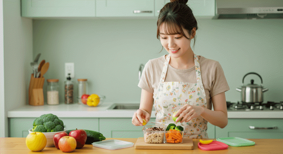 홀푸드 저지방 다이어트를 하기 위해 과일, 채소, 통곡물 위주의 식단을 준비하는 한국 여자 다이어터