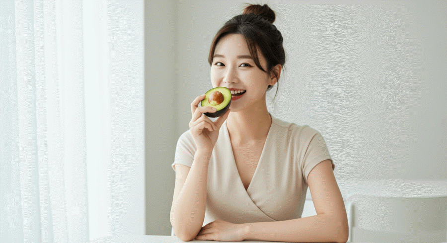 건강한 지방을 챙기기 위해 아보카도를 먹고 있는 한국 여자 다이어터 모습