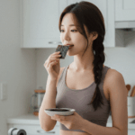 건강과 체중 감량에 좋은 건조한 사각 김을 맛있게 먹고 있는 한국 여자 다이어터
