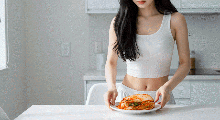 김치에 유산균이 다이어트에 효과적인 3가지 이유를 알고 김치를 먹고 있는 다이어터의 모습