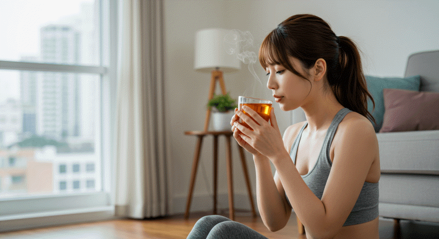 다이어트와 건강에 좋은 보이차를 마시고 있는 한국 여자 다이어터의 모습