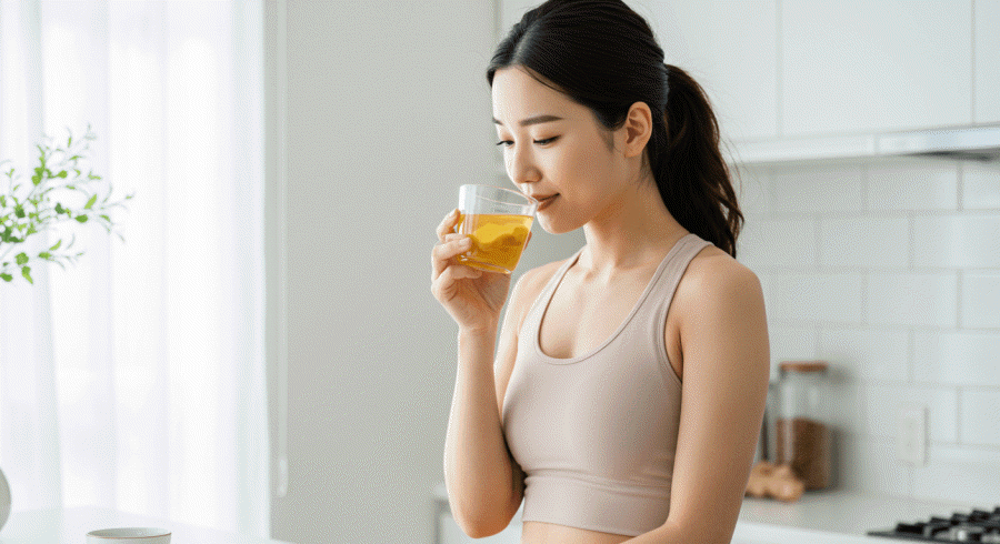 생강차의 건강 효능과 다이어트 효과를 알고 따듯하게 마시면서 체온을 올리고 있는 모습