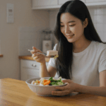식물성 단백질이 풍부한 두부를 식단으로 먹고 있는 한국 여자 다이어터
