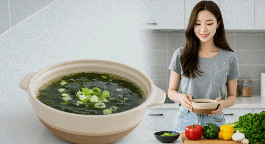 아침 식사로 포만감도 좋고 다이어트에도 좋은 미역국을 끓이고 있는 한국 여자 다이어터