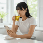 녹차 카테킨이 체지방 감량에 효과적인 내용을 알고 아침에 먹고 있는 한국 여자 다이어터