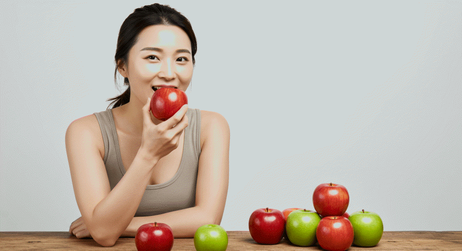 사과 다이어트를 하는 한국 여자 다이어터 모습