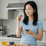 노화 방지를 위해 블루베리와 견과류 녹차를 간식으로 즐기는 모습