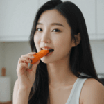 당근 다이어트를 하는 중에 맛있게 당근을 먹고 있는 한국 여자 다이어터