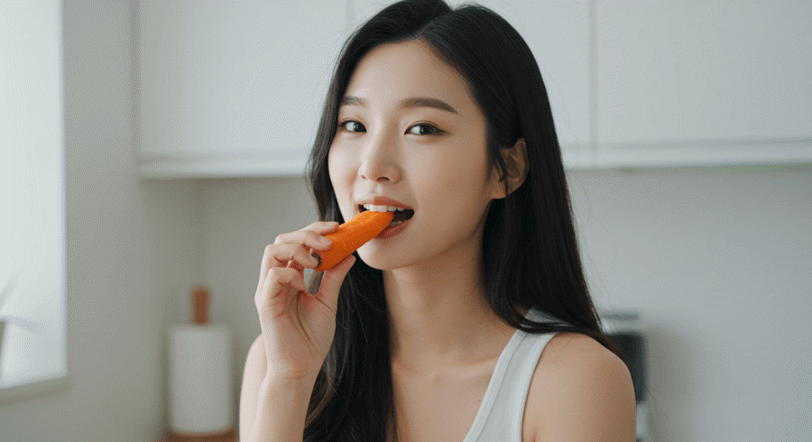 당근 다이어트를 하는 중에 맛있게 당근을 먹고 있는 한국 여자 다이어터