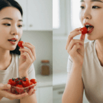 방울토마토 다이어트 중에 간식으로 방울토마토를 먹고 있는 한국 여자 다이어터의 모습