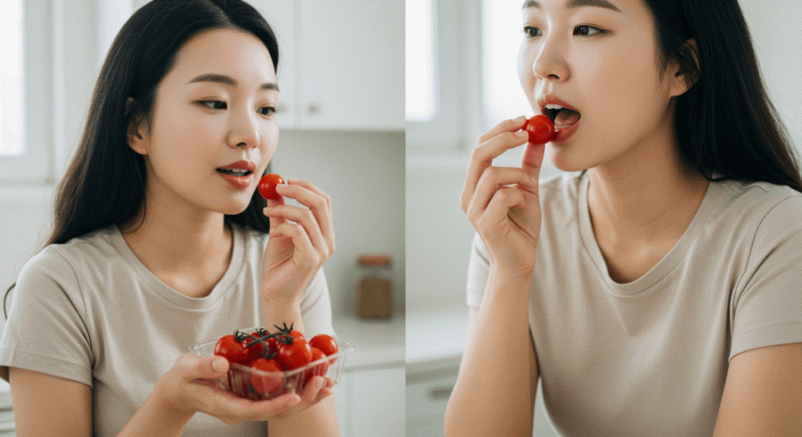 방울토마토를 먹고 있는 한국 여자 다이어터의 모습