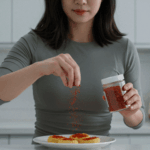 스파이스 다이어트를 해보는 중 향신료로 고춧가루를 식단에 뿌리는 모습