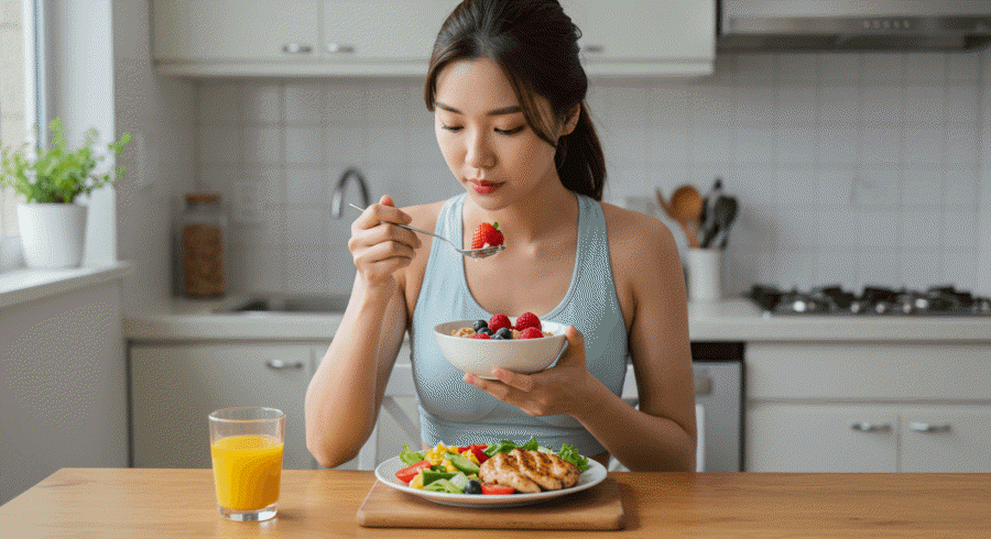 아침식사 다이어트 식단으로 건강하게 오트밀과 신선한 과일을 먹고 있는 다이어터 모습