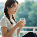 아침 루틴으로 물을 마시는 여성으로 따듯한 햇빛을 쬐고 있다.