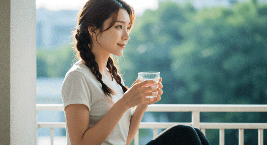 아침에 물을 마시는 여성으로 햇빛을 쬐며 물 한 잔 마시고 있는 다이어터