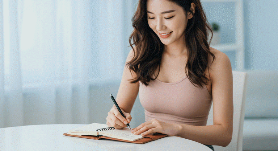 다이어트 전 몸의 변화를 체크하기 위해 메모를 하는 다이어터