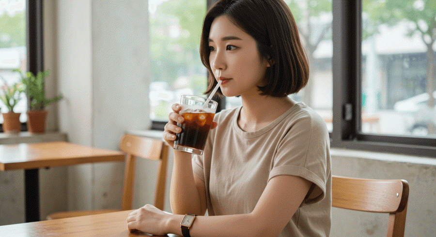 다이어트 정체기를 극복하기 위해서 달달한 음료대신 아이스 아메리카노를 먹고 있는 다이어터