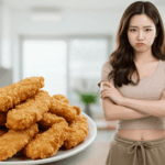 다이어트 금지 음식 중 하나인 튀김 요리에 뾰류퉁한 표정의 다이어터