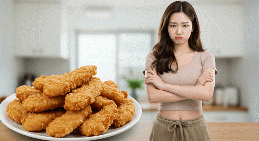 다이어트 금지 음식 중 하나인 튀김 요리에 뾰류퉁한 표정의 다이어터