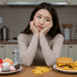 설탕류의 당분 음식과 튀김류의 고 칼로리 음식 중에 칼로리 다이어트가 고민인 사진