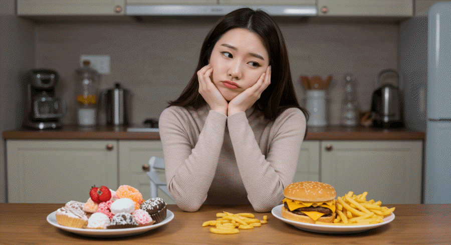 설탕류의 당분 음식과 튀김류의 고 칼로리 음식 중에 칼로리 다이어트가 고민인 사진