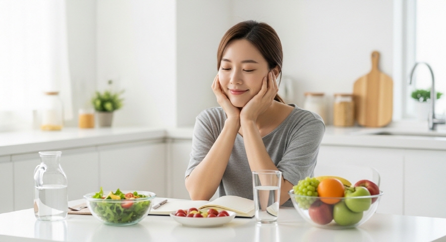 스트레스 없이 다이어트를 하기 위해 평온한 표정을 짓고 있는 다이어터