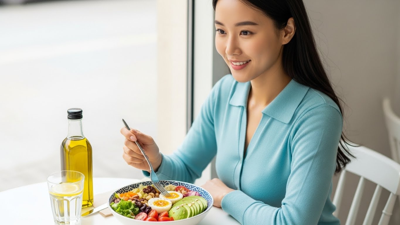 저속노화 다이어트 아침 식단으로 샐러드와 계란 아보카도 견과류를 먹는 건강한 30대 여성